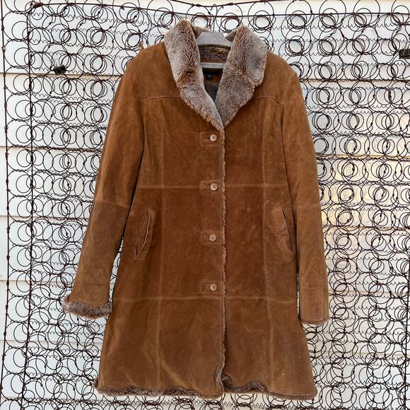 Vintage Jackets & Blazers - Bernadino Collection suede leather faux fur lined penny lane style trench coat